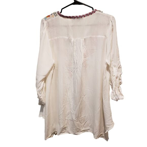 ANDREE BY UNIT White Embroidered Floral Tunic Top Shirt M Boho Roll Tab Sleeves - Picture 3 of 7